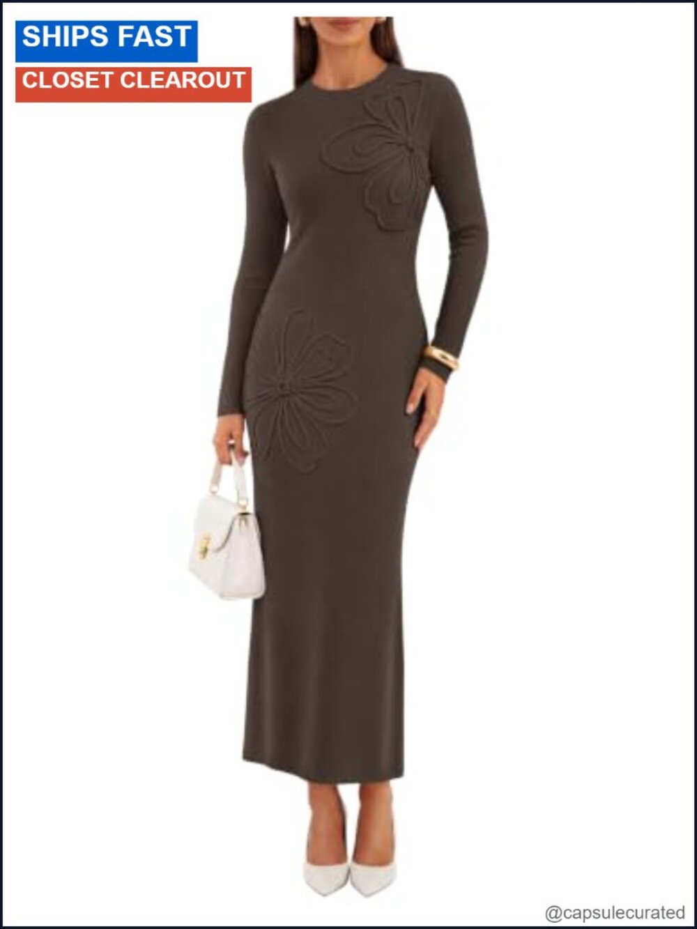 ZESICA Long Sleeve Bodycon Floral Knit Maxi Sweater Dress